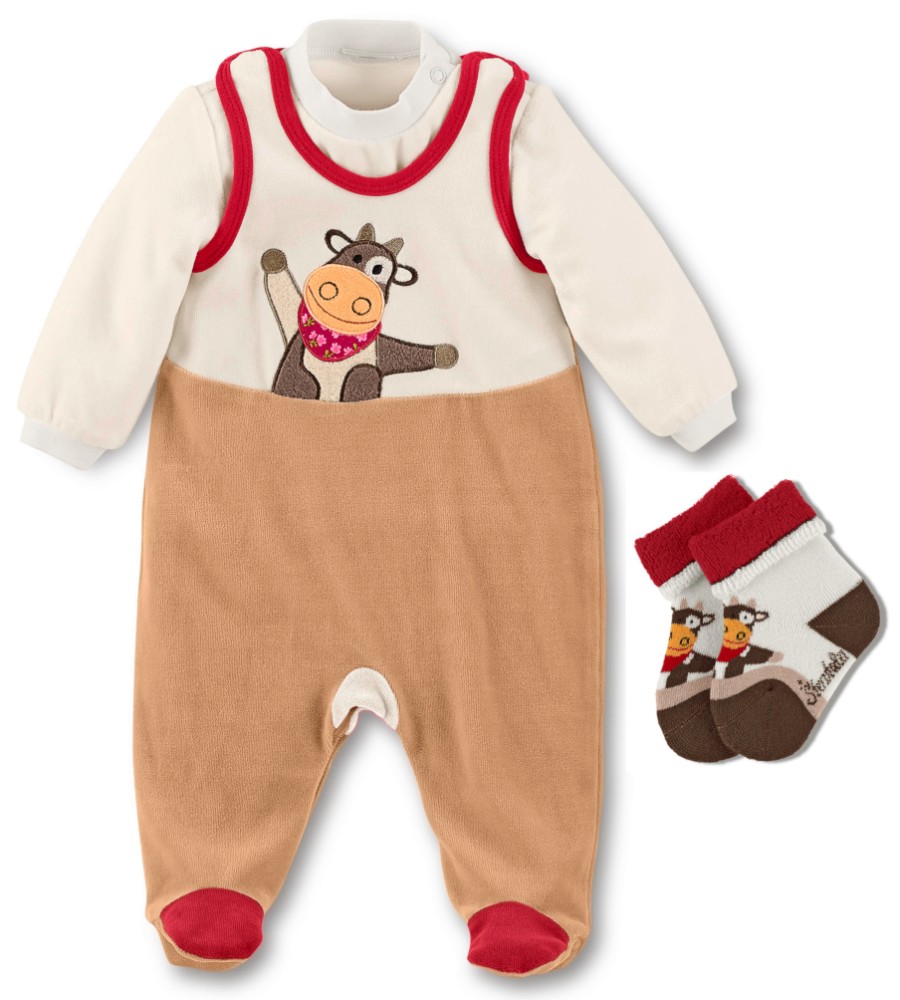 Бебешки комплект Кравичка - Sterntaler - Гащеризон, блуза и чорапи, от колекцията Karlotta - продукт