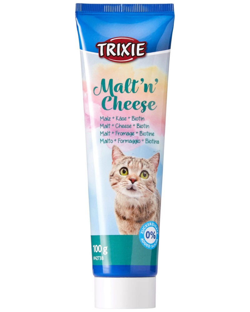 Паста за котки против образуване на космени топки Trixie Malt'n'Cheese Паста за котки против образуване на космени топки Trixie Malt'n'Cheese - 100 g, с малц, сирене и биотин - храна