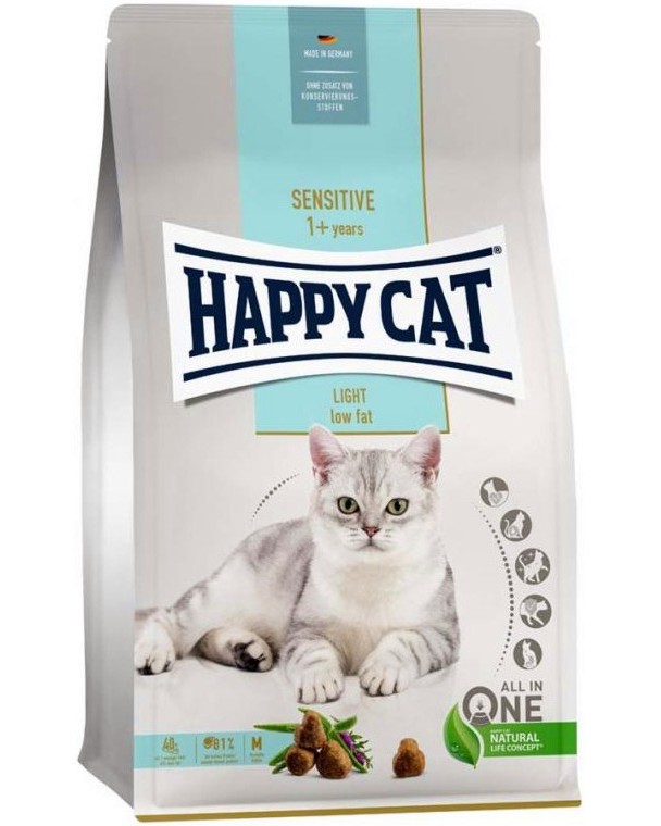Суха храна за котки с наднормено тегло Happy Cat Adult Light Суха храна за котки с наднормено тегло Happy Cat Adult Light - 0.3 ÷ 10 kg, с пилешко и билки, от серията Sensitive, в зряла възраст - храна