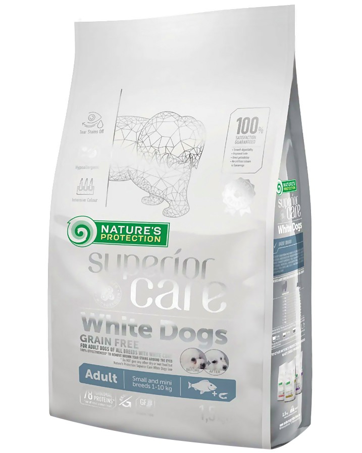 Суха храна за кучета с бяла козина NATURE'S PROTECTION Superior Care White Dog Adult Small Breeds Суха храна за кучета с бяла козина NATURE'S PROTECTION Superior Care White Dog Adult Small Breeds - 1.5 и 10 kg, с бяла риба, за дребни и малки породи, над 1 година - храна