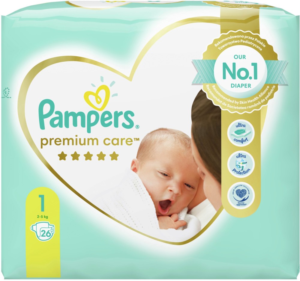 Пелени Pampers Premium Care 1 - 26 и 52 броя, за бебета 2-5 kg - продукт