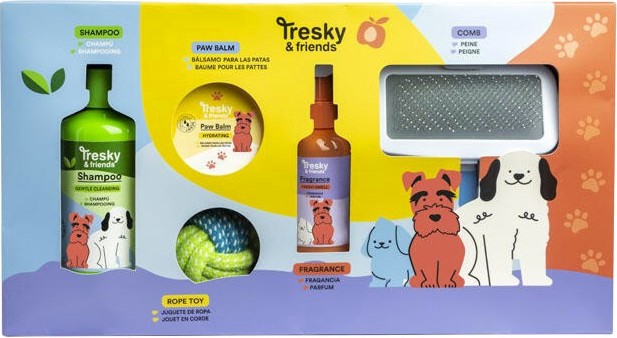Подаръчен комплект за кучета Tresky & Friends Deluxe Set Подаръчен комплект за кучета Tresky & Friends Deluxe Set - С шампоан, балсам за лапи, спрей, четка и въжена играчка - продукт