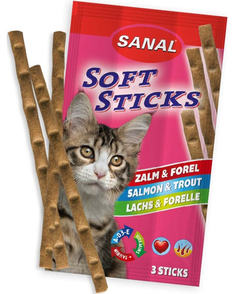 Лакомства за котки Sanal Soft Sticks Лакомства за котки Sanal Soft Sticks - 3 x 15 g, със сьомга и пъстърва - храна