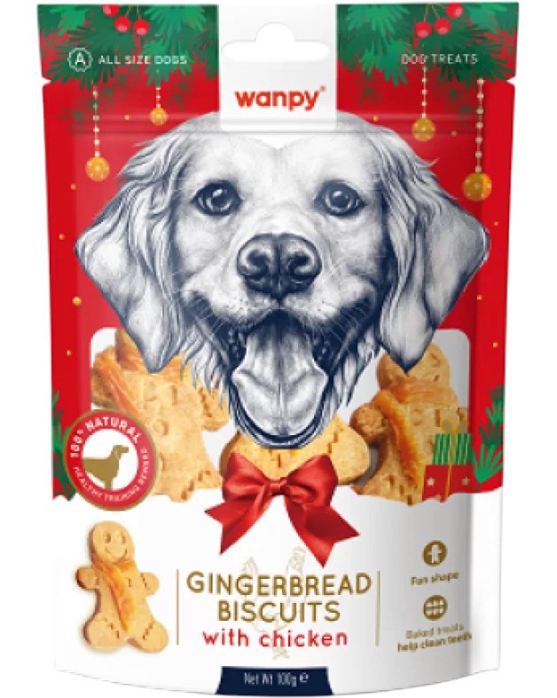 Коледни бисквити за кучета Wanpy Christmas Gingerbred Biscuits Коледни бисквити за кучета Wanpy Christmas Gingerbred Biscuits - 100 g, с пилешко - храна