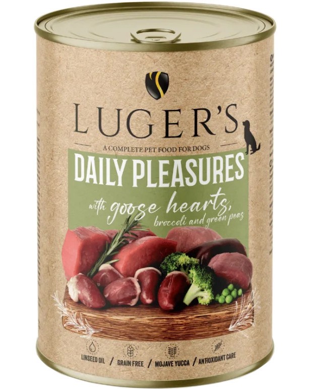 Консерви за кучета Luger's Консерви за кучета Luger's - 6 x 400 и 6 x 800 g, с гъши сърца, броколи и зелен грах, от серията Daily Pleasures, в зряла възраст - храна