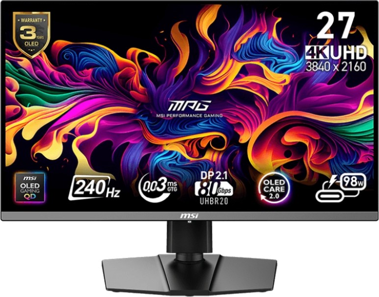  MSI MPG 272URX - 26.5", QD-OLED, 240 Hz, 16:9, 3840 x 2160, 0.03 ms, 2 x HDMI, DisplayPort, USB-C - 
