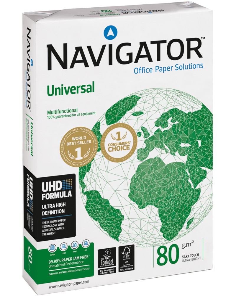 Копирна хартия A4 Navigator Universal Копирна хартия A4 Navigator Universal - 500 листа, 80 g/m<sup>2</sup> и белота 169 - копирна хартия