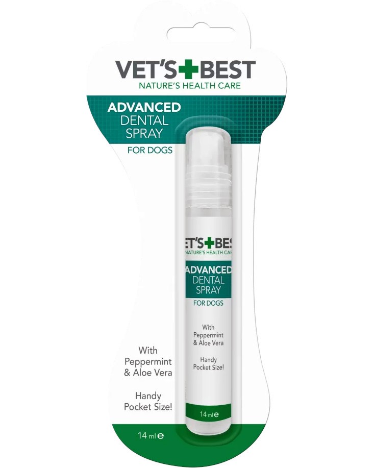 Джобен дентален спрей за кучета Vet's Best Advanced Dental Spray Джобен дентален спрей за кучета Vet's Best Advanced Dental Spray - 14 ml, с мента и алое вера - продукт