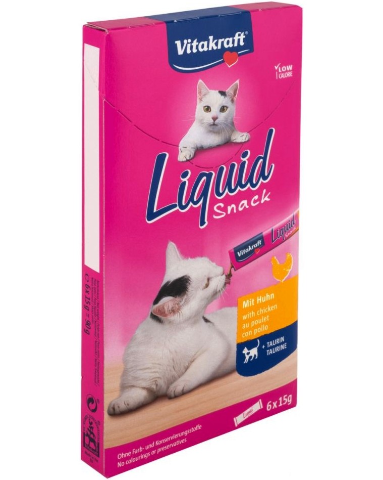 Кремообразни лакомства за котки Vitakraft Liquid Snack Кремообразни лакомства за котки Vitakraft Liquid Snack - 6 x 15 g, с пилешко и таурин, за над 3 месеца - храна
