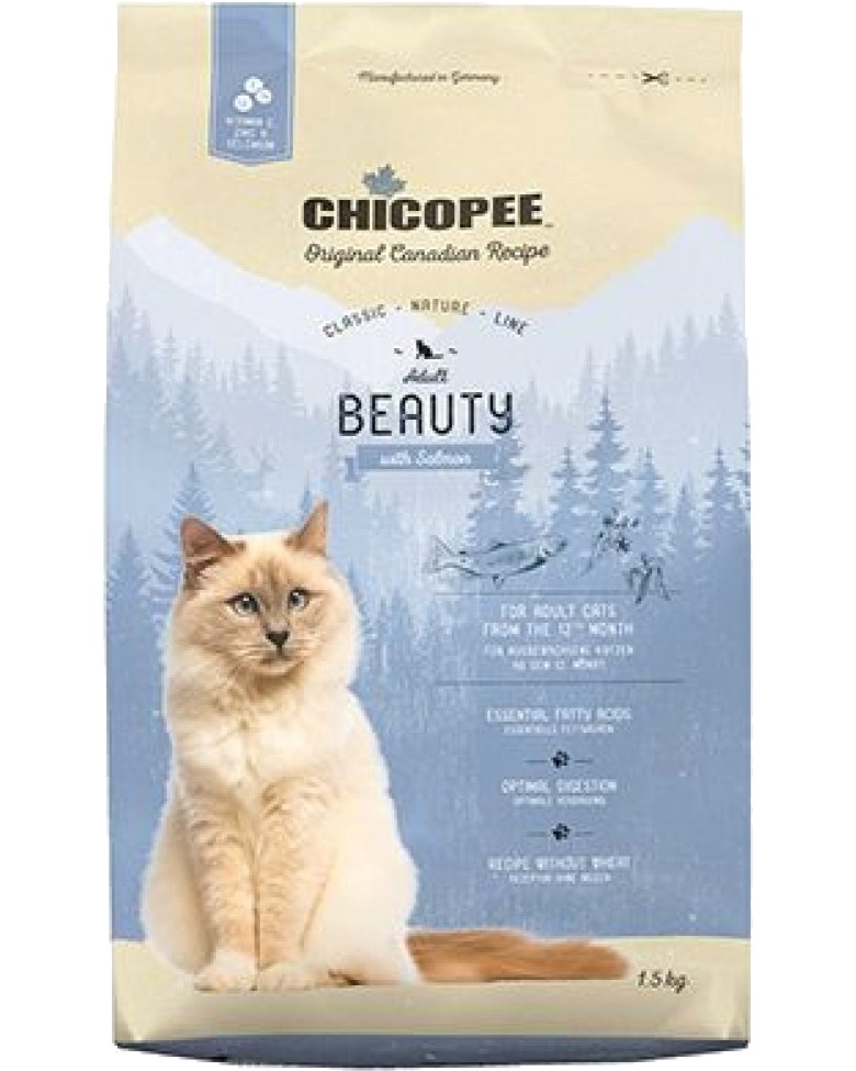 Суха храна за котки за красива козина CHICOPEE Adult Beauty Суха храна за котки за красива козина CHICOPEE Adult Beauty - 1.5 и 15 kg, с птиче месо, от серията Classic Nature Line, за над 1 година - храна
