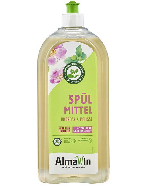 Препарат за съдове AlmaWin Препарат за съдове AlmaWin - 1 l, с аромат на шипка и маточина - препарат за съдове