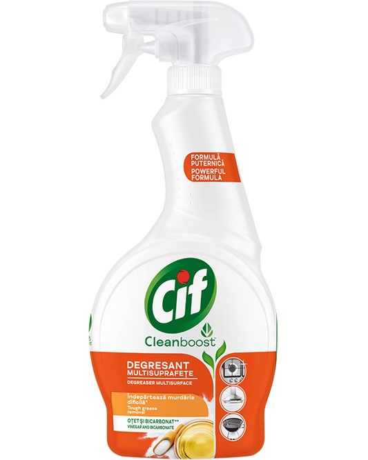 Универсален обезмасляващ спрей за кухня Cif Cleanboost Универсален обезмасляващ спрей за кухня Cif Cleanboost - 500 ml - почистващ препарат