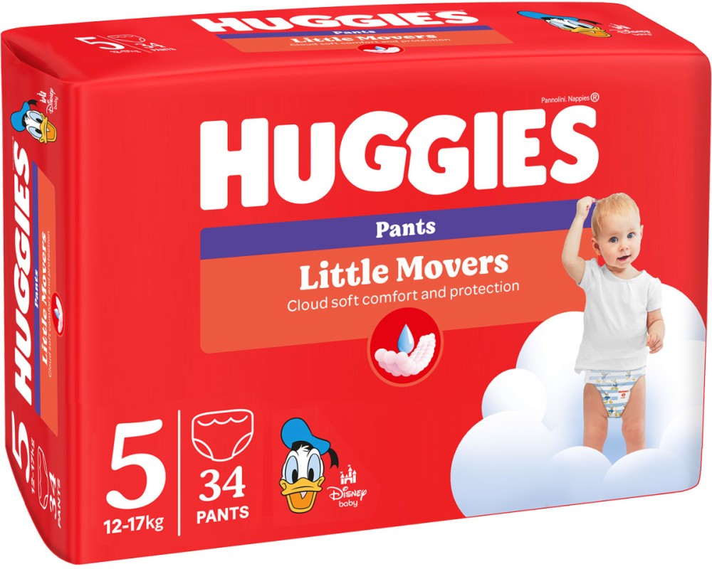 Гащички Huggies Little Movers Pants 5 Гащички Huggies Little Movers Pants 5 - 34 броя, за бебета 12-17 kg, на тема Мики Маус и приятели - продукт