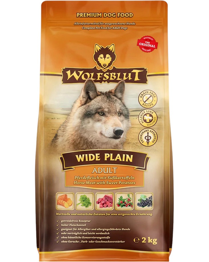Суха храна за кучета Wolfsblut Wide Plain Adult Суха храна за кучета Wolfsblut Wide Plain Adult - 2 и 12.5 kg, с конско и сладки картофи, в зряла възраст - храна
