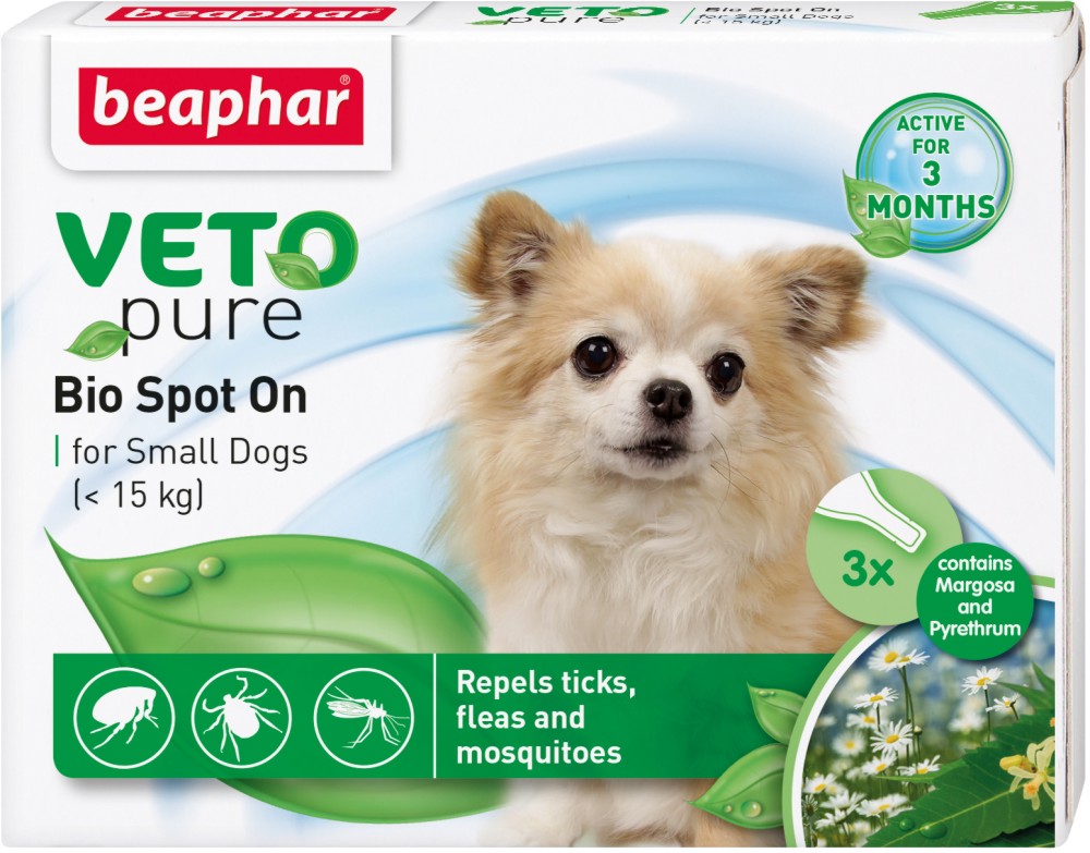 Beaphar Veto Pure Bio Spot On Dog - Репелентни капки за кучета от малки породи - опаковка от 3 пипети x 1 ml - продукт