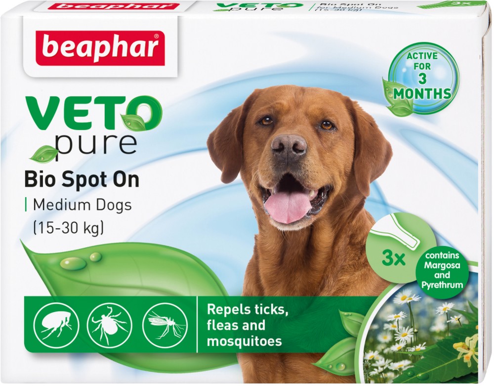 Beaphar Veto Pure Bio Spot On Dog - Репелентни капки за кучета от средни породи - опаковка от 3 пипети - продукт