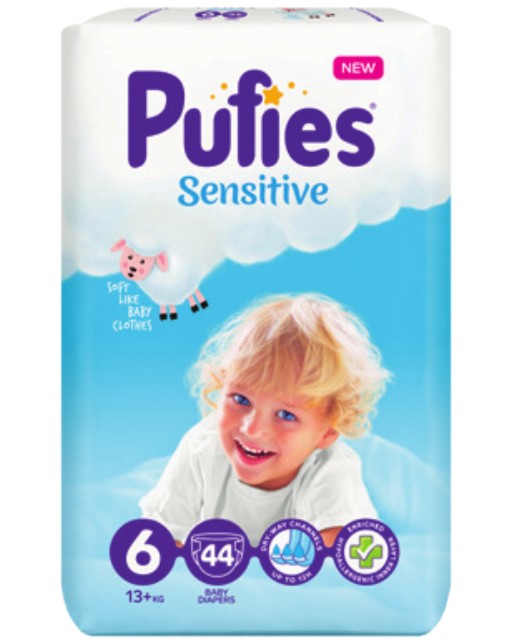 Пелени Pufies Sensitive 6 Extra Large - 44 и 66 броя, за бебета 13+ kg - продукт