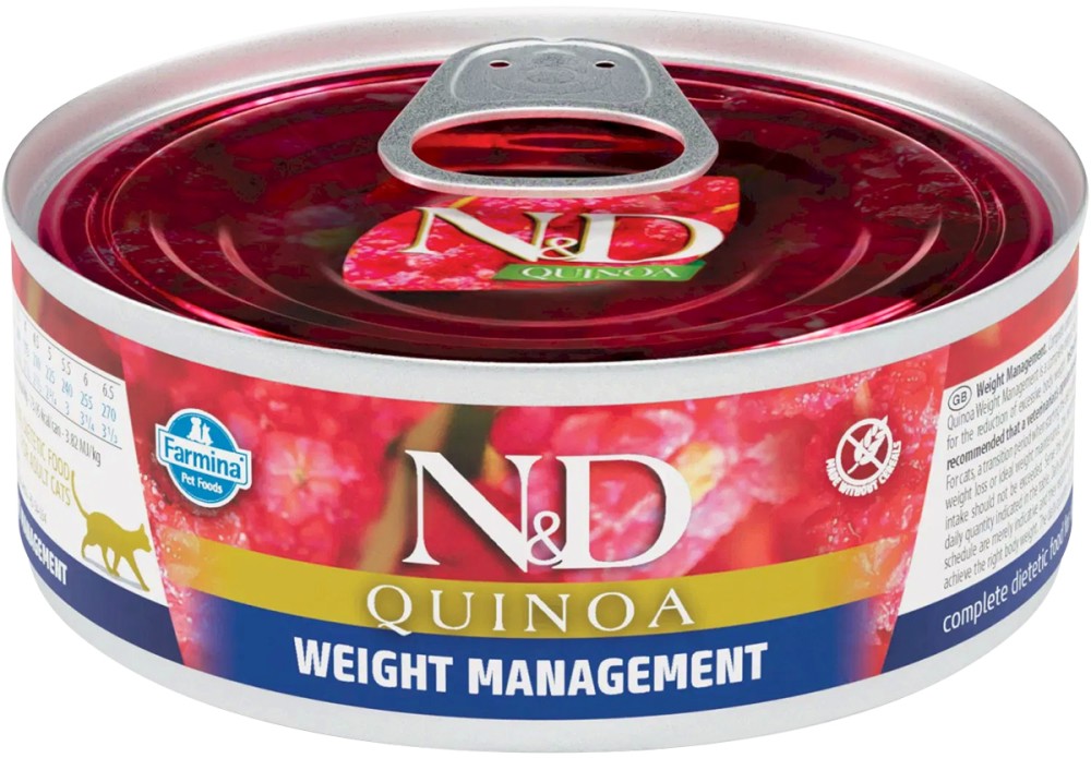 Консерва за кастрирани и склонни към напълняване котки N&D Weight Management Консерва за кастрирани и склонни към напълняване котки N&D Weight Management - 80 g, с агнешко, киноа и броколи, от серията Quinoa, в зряла възраст - храна