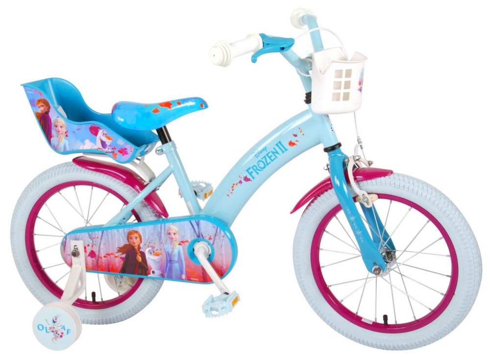 Детски велосипед - Замръзналото кралство 16" - С помощни колела, кошница и столче за кукла - 