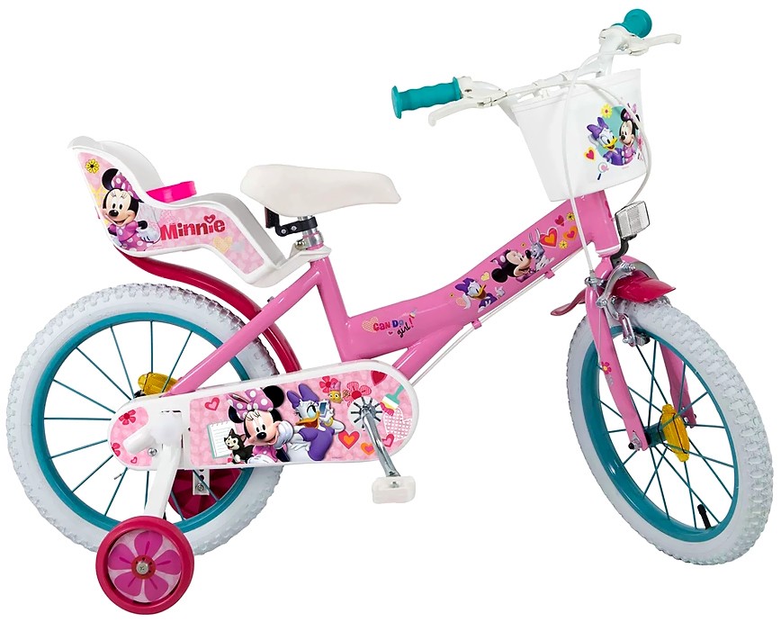 Детски велосипед Toimsa Мини Маус 16" - С помощни колела, кошница и столче за кукла - 