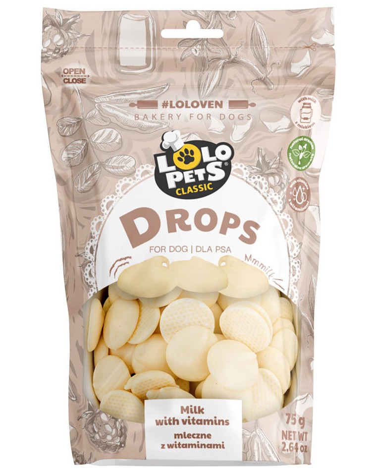 Млечен дропс за кучета Lolo Pets Classic Drops Млечен дропс за кучета Lolo Pets Classic Drops - 75 и 200 g, с витамини, над 1 година - храна