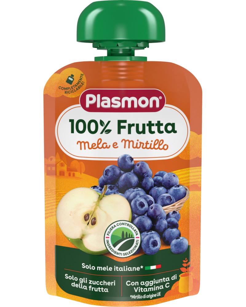 Плодова закуска с ябълки и боровинки Plasmon - 100 g, за 6+ месеца - продукт