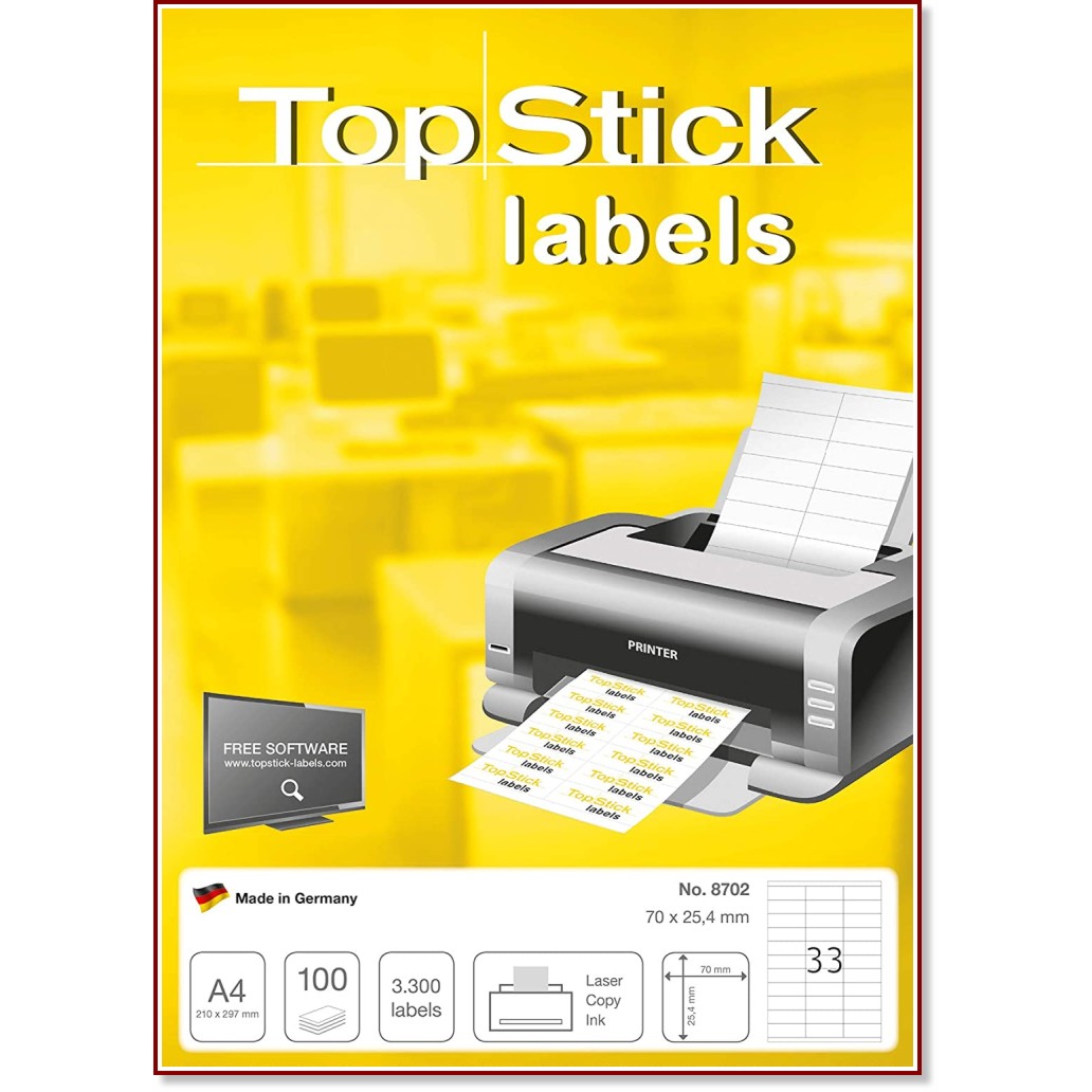 Бели правоъгълни етикети за принтиране Herma - 3300 етикета с размери 70 x 25 mm от серията TopStick - 