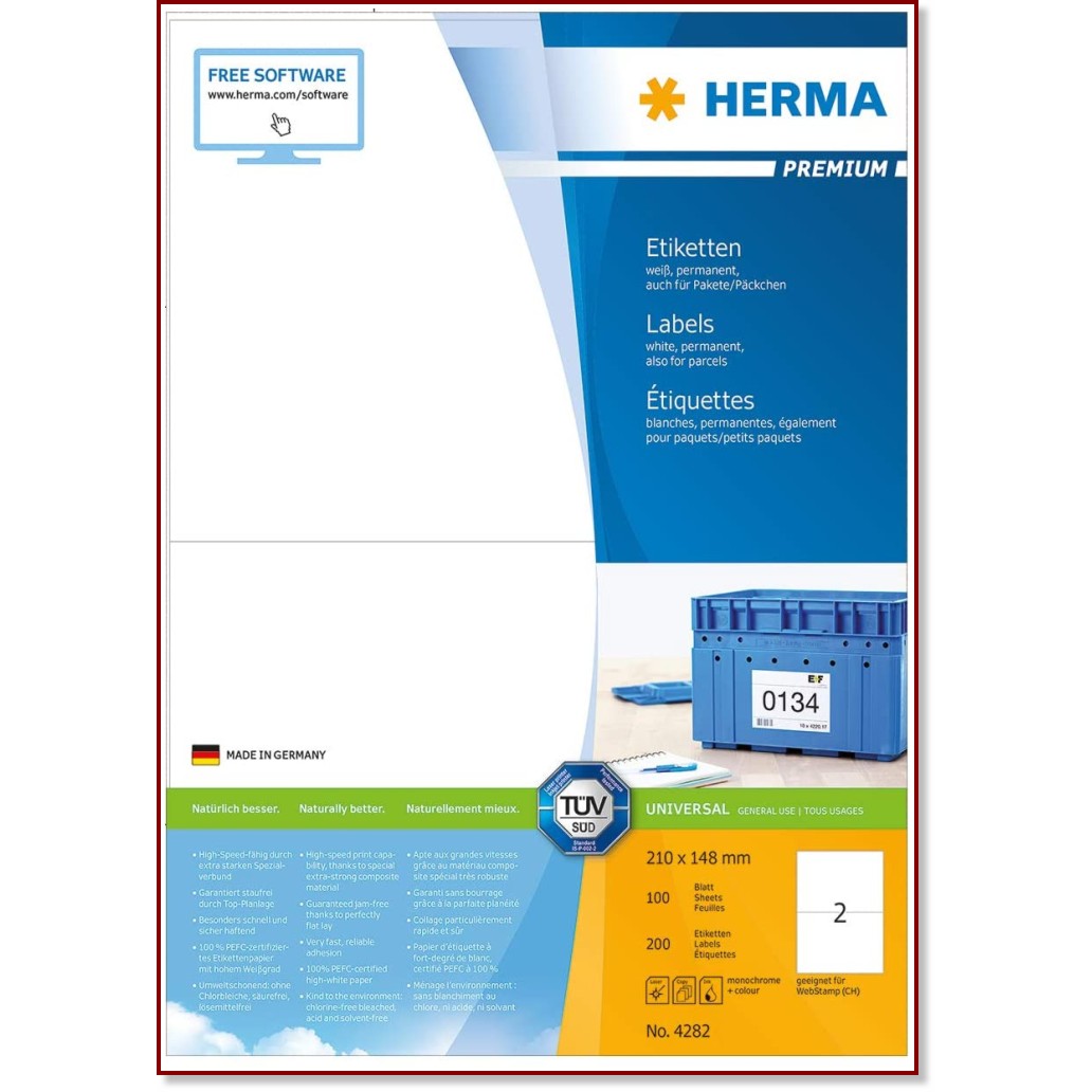 Бели правоъгълни етикети за принтиране Herma - 200 етикета с размери 210 x 148 mm от серията Premium - 