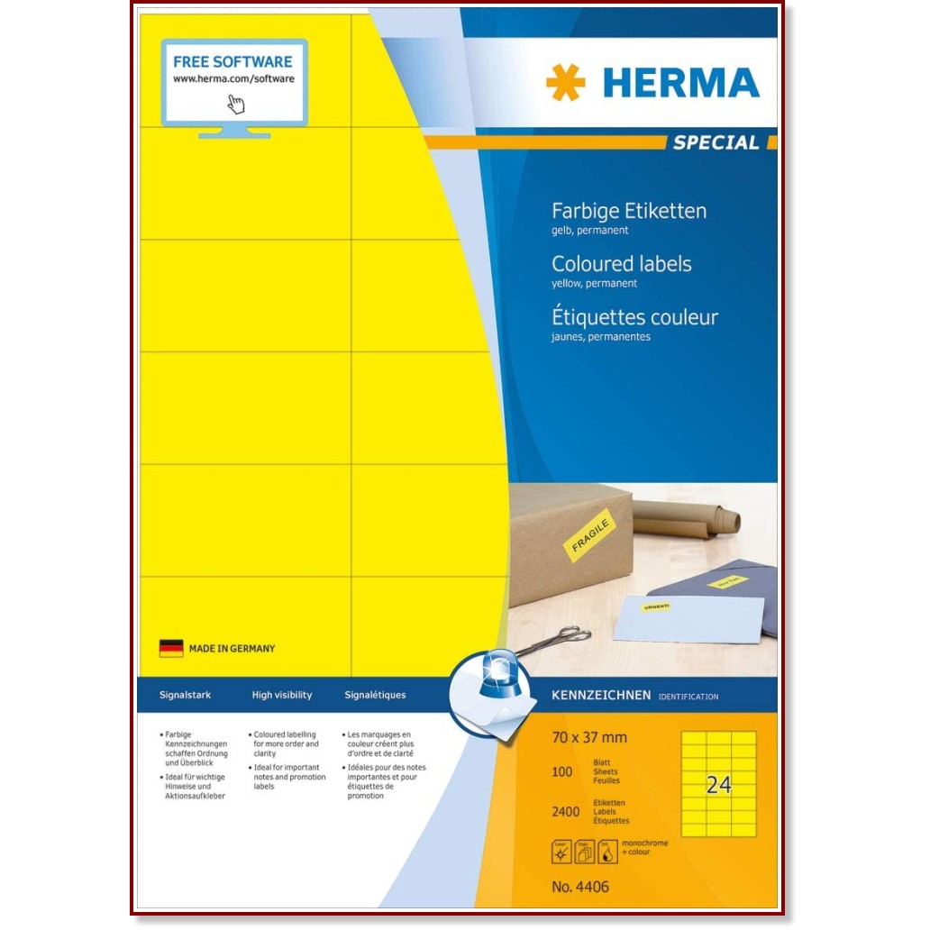 Цветни правоъгълни етикети за принтиране Herma - 2400 етикета с размери 70 x 37 mm от серията Superprint - 