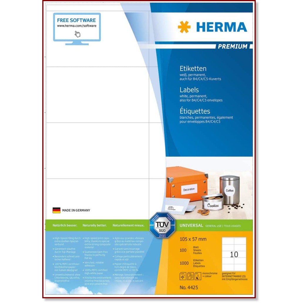 Бели правоъгълни етикети за принтиране Herma - 1000 етикета с размери 105 x 57 mm от серията Premium - 