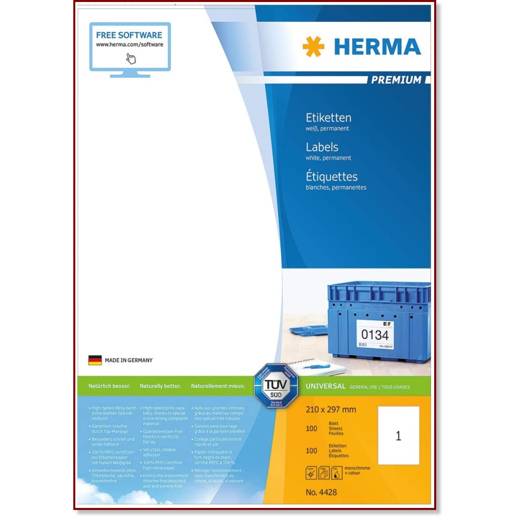 Бели правоъгълни етикети за принтиране Herma - 100 етикета с размери 210 x 297 mm от серията Premium - 