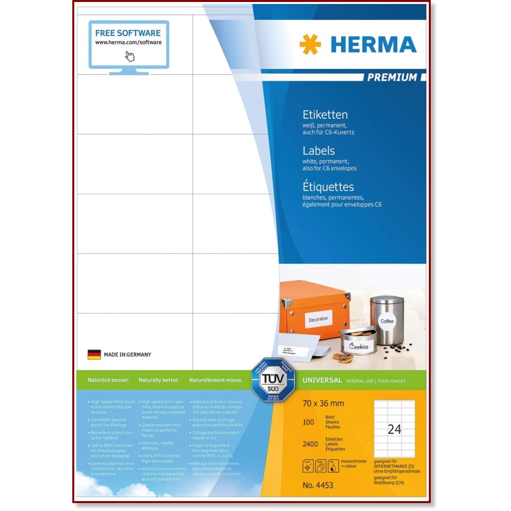 Бели правоъгълни етикети за принтиране Herma - 2400 етикета с размери 70 x 36 mm от серията Premium - 