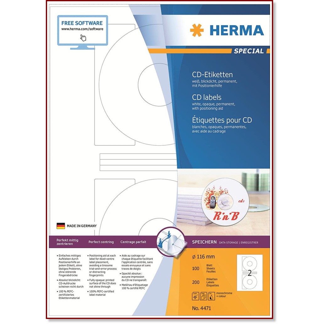 Бели етикети за принтиране за CD/DVD Herma - 200 етикета с ∅ 116 mm от серията Premium - 