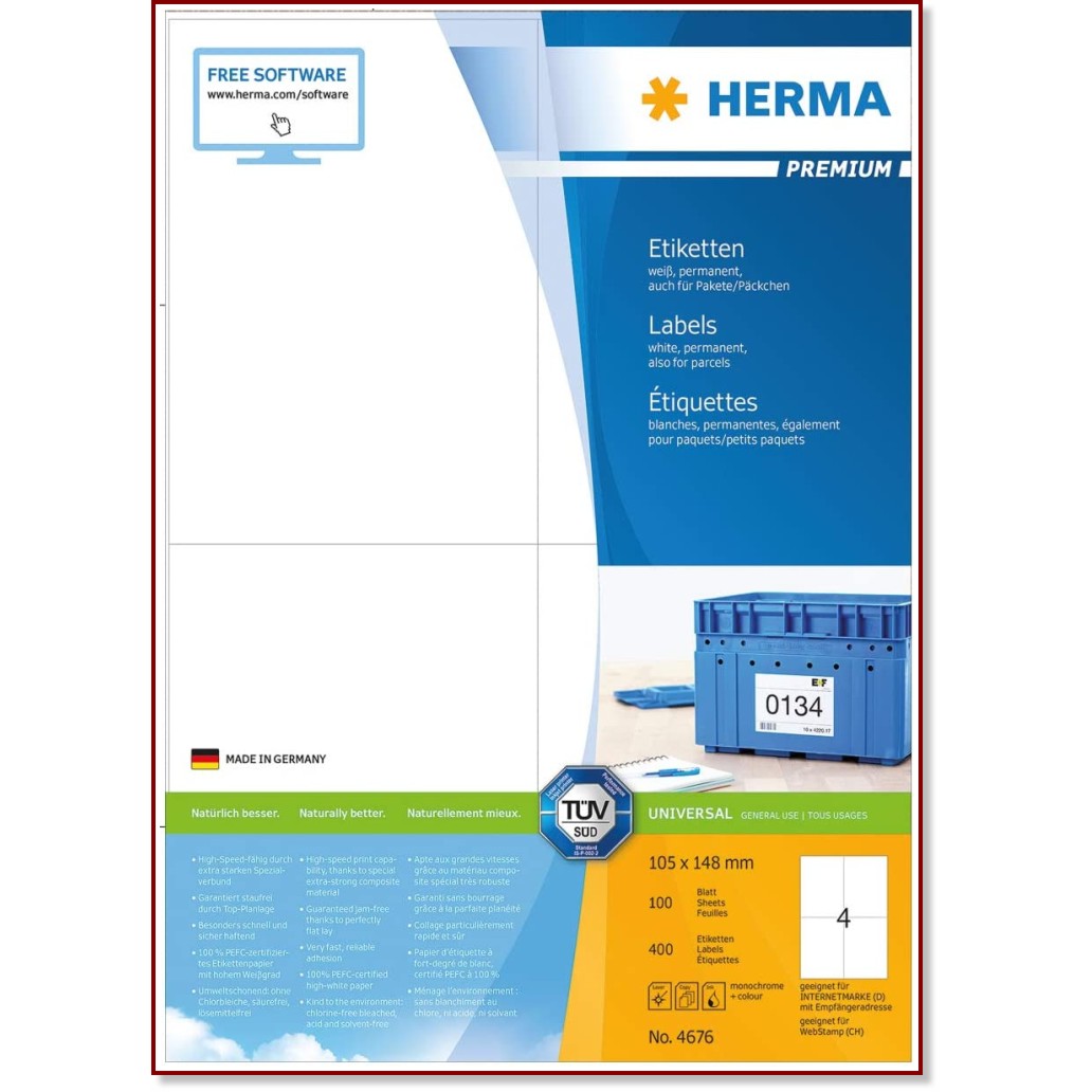 Самозалепващи правоъгълни етикети за принтиране Herma - 400 етикета с размери 105 x 148 mm от серията Premium - 