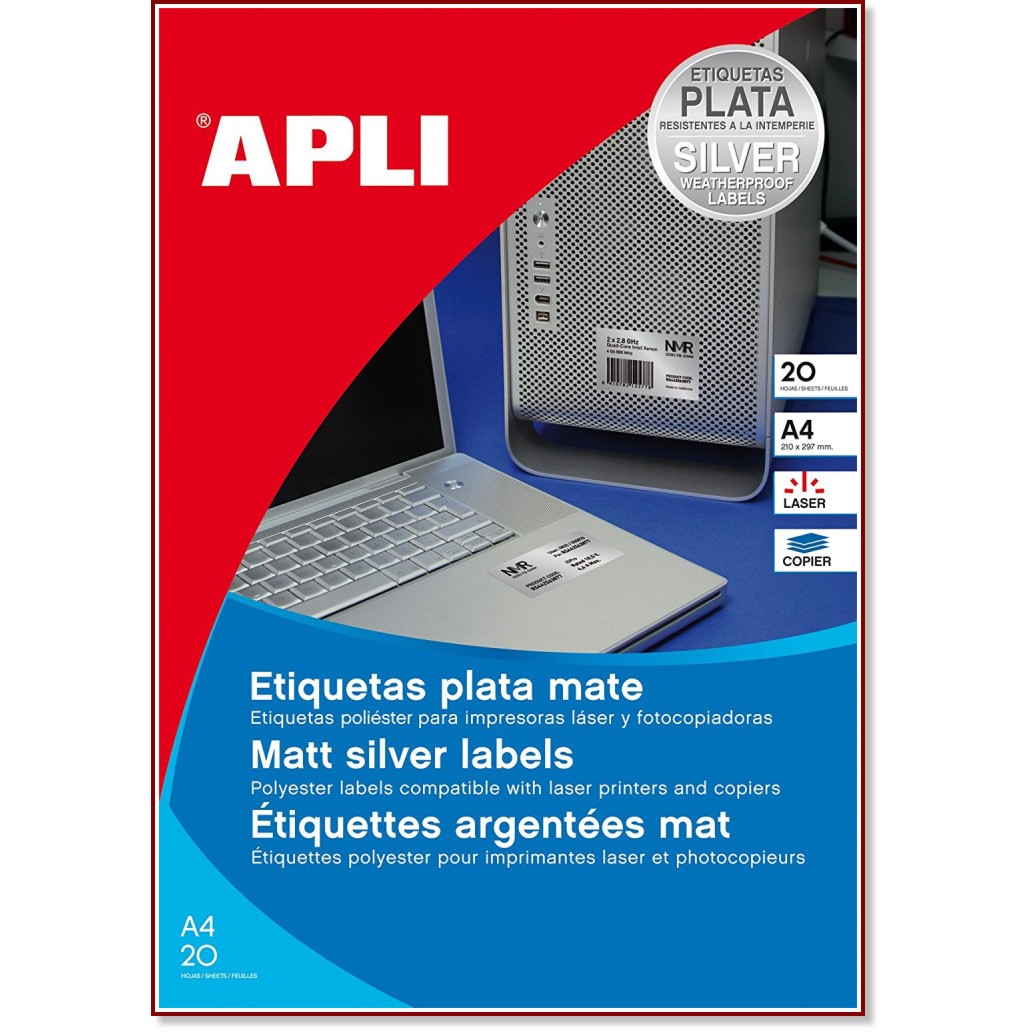 Сребристи кръгли полиестерни етикети за принтиране Apli - 480 самозалепващи етикета за екстремни условия с ∅ 40 mm - 