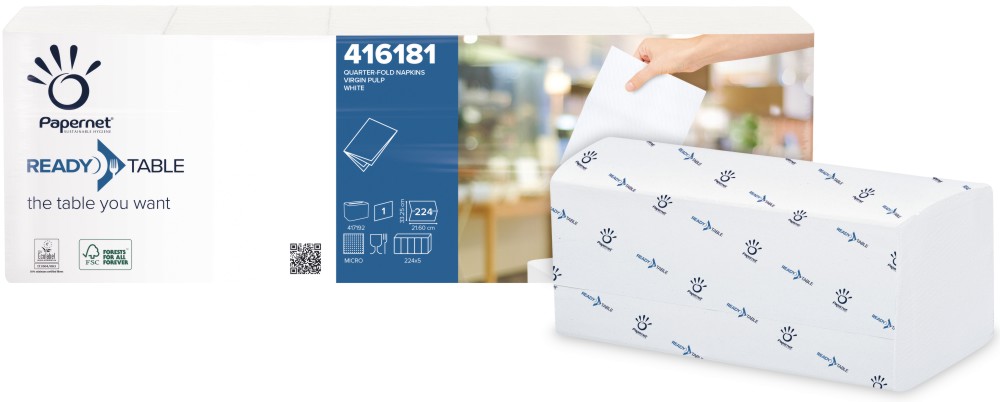 Салфетки за маса 1/4 сгъвка Papernet Салфетки за маса 1/4 сгъвка Papernet - 5 пачки x 224 броя, за диспенсър от серията Ready Table - продукт