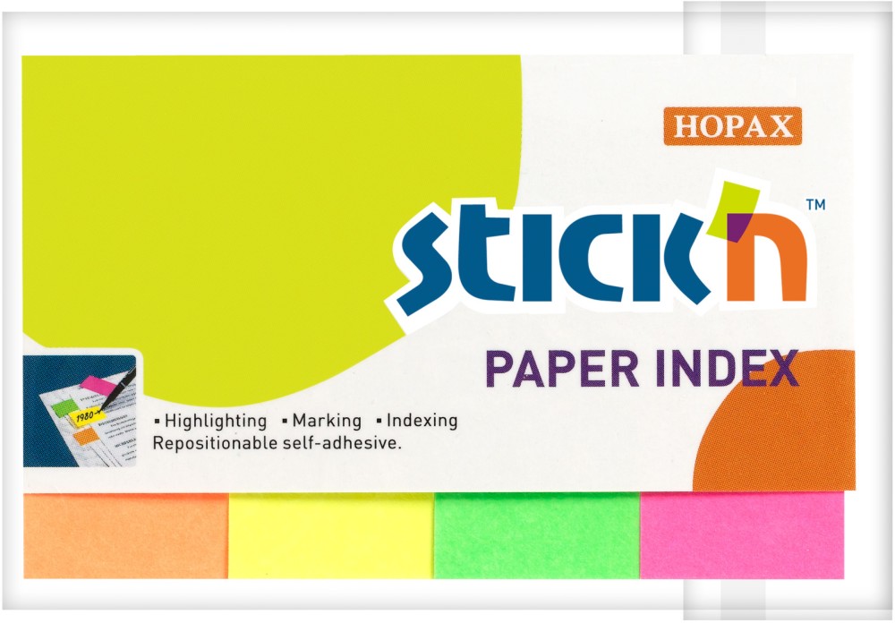 Самозалепващи индекси Stick'n Paper Index Самозалепващи индекси Stick'n Paper Index - 200 броя с размери 2 x 5 cm -