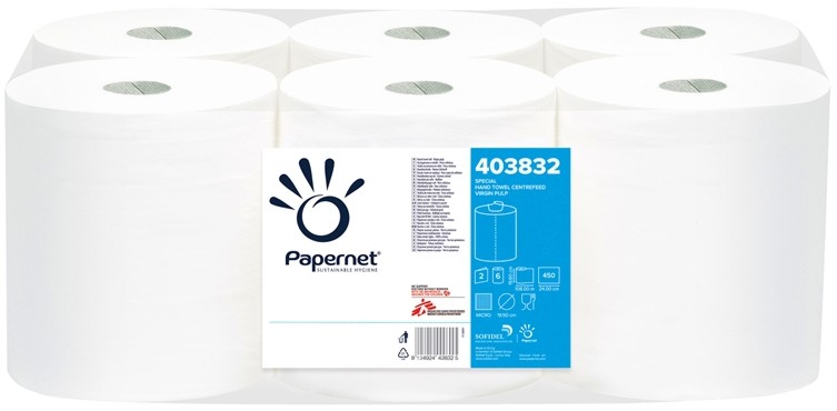 Двупластови хартиени кърпи за ръце Papernet Centerfeed Двупластови хартиени кърпи за ръце Papernet Centerfeed - 6 ролки x 450 къса, ∅ 19.5 x 19.6 cm и шпула ∅ 5.1 cm, за диспенсър - продукт