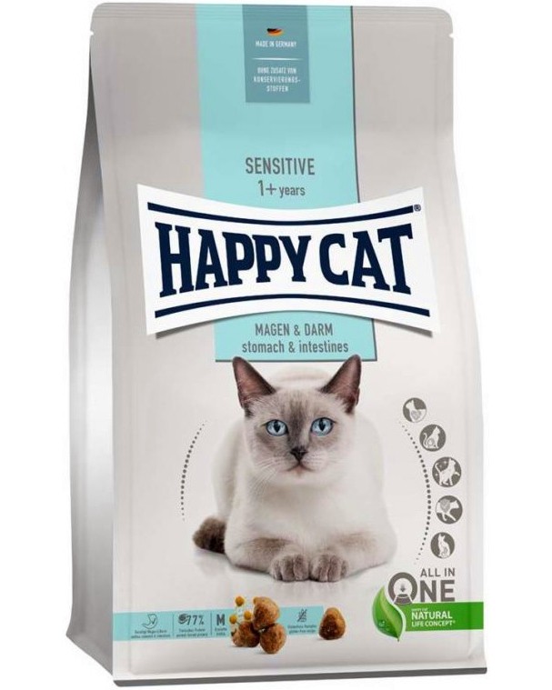 Суха храна за котки с чувствително храносмилане Happy Cat Stomach and Intestines Суха храна за котки с чувствително храносмилане Happy Cat Stomach and Intestines - 0.3 ÷ 4 kg, с патешко, от серията Sensitive, в зряла възраст - храна