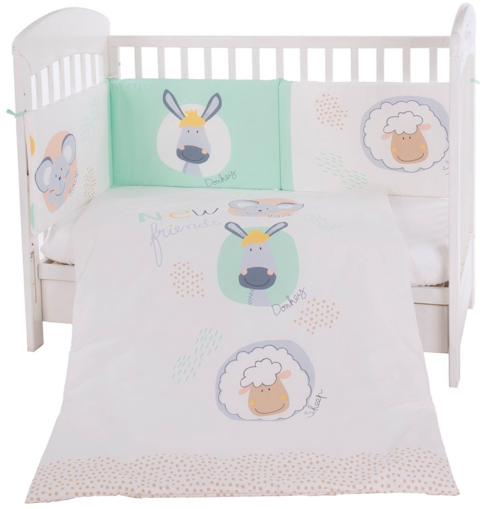 Бебешки спален комплект 3 части с обиколник Kikka Boo EU Style - За легла 60 x 120 cm или 70 x 140 cm, от серията New Friends - продукт
