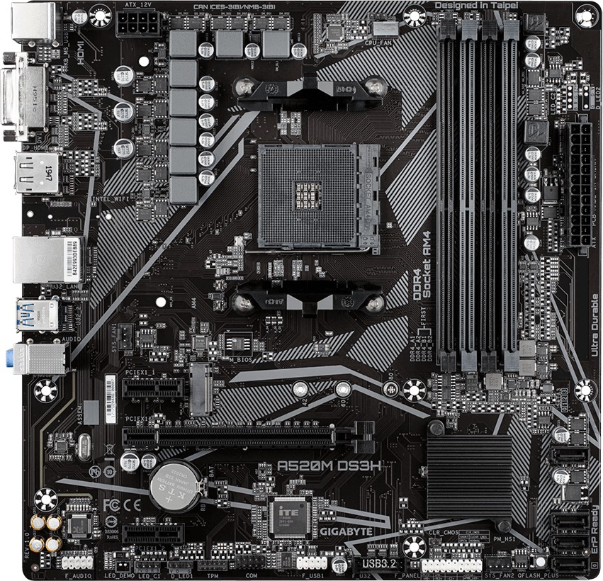 Дънна платка Gigabyte A520M DS3H V2 Дънна платка Gigabyte A520M DS3H V2 - AMD AM4, AMD A520, DDR4, Micro ATX -