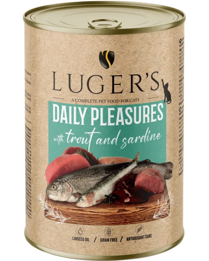 Консерви за котки Luger's Консерви за котки Luger's - 6 x 400 g, с пъстърва и сардини, от серията Daily Pleasures, в зряла възраст - храна