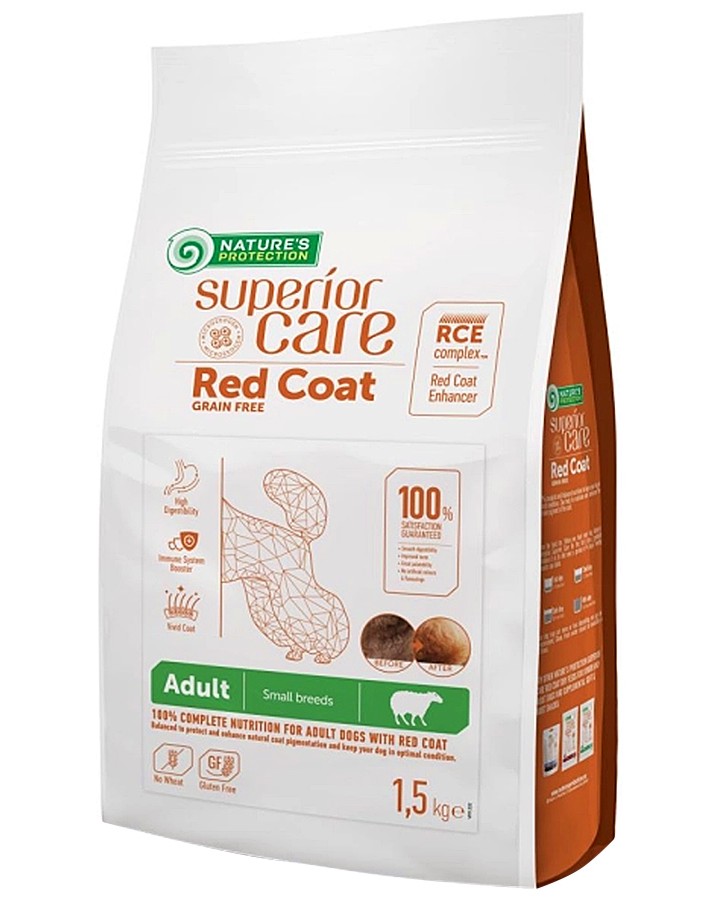 Суха храна за кучета с червена козина NATURE'S PROTECTION Superior Care Red Coat Adult Small Breeds Суха храна за кучета с червена козина NATURE'S PROTECTION Superior Care Red Coat Adult Small Breeds - 1.5 и 10 kg, с агнешко месо, за дребни и малки породи, над 1 година - храна