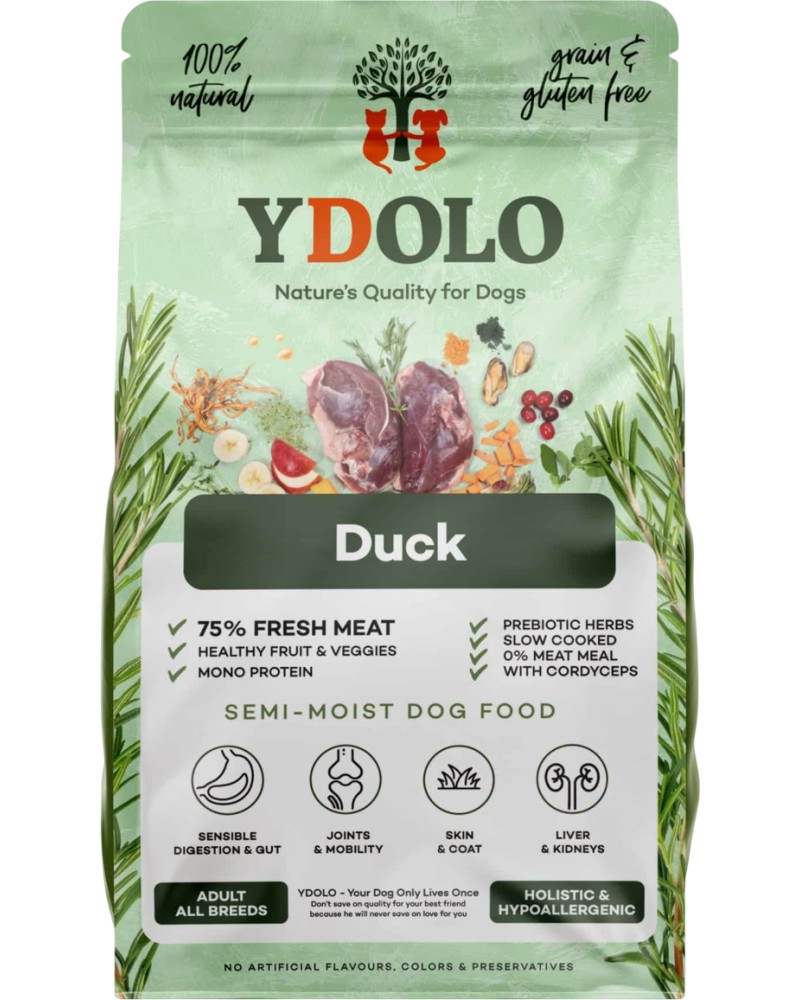 Полувлажна храна за кучета YDOLO Полувлажна храна за кучета YDOLO - 2.5 и 10 kg, с патешко, в зряла възраст - храна