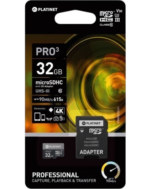 Micro SDHC карта памет 32 GB Platinet Micro SDHC карта памет 32 GB Platinet - Class 10, UHS-III U3, V30 със SD адаптер -