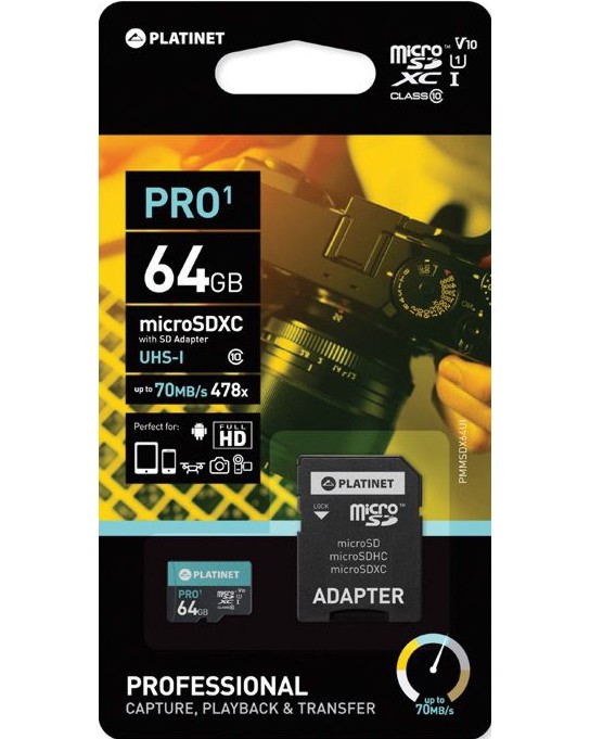 Micro SD карта памет 64 GB Platinet Micro SD карта памет 64 GB Platinet - Class 10 със SD адаптер -
