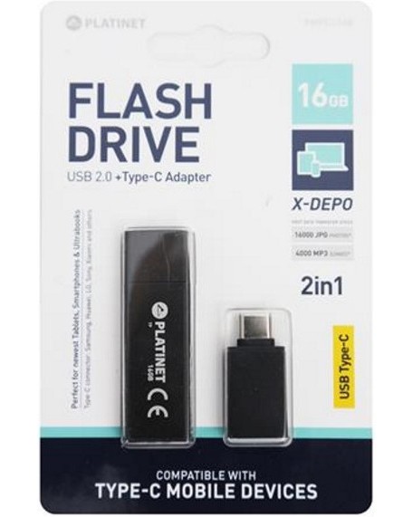 USB 2.0 флаш памет 16 GB Platinet X-Depo USB 2.0 флаш памет 16 GB Platinet X-Depo - С адаптер USB Type-C -