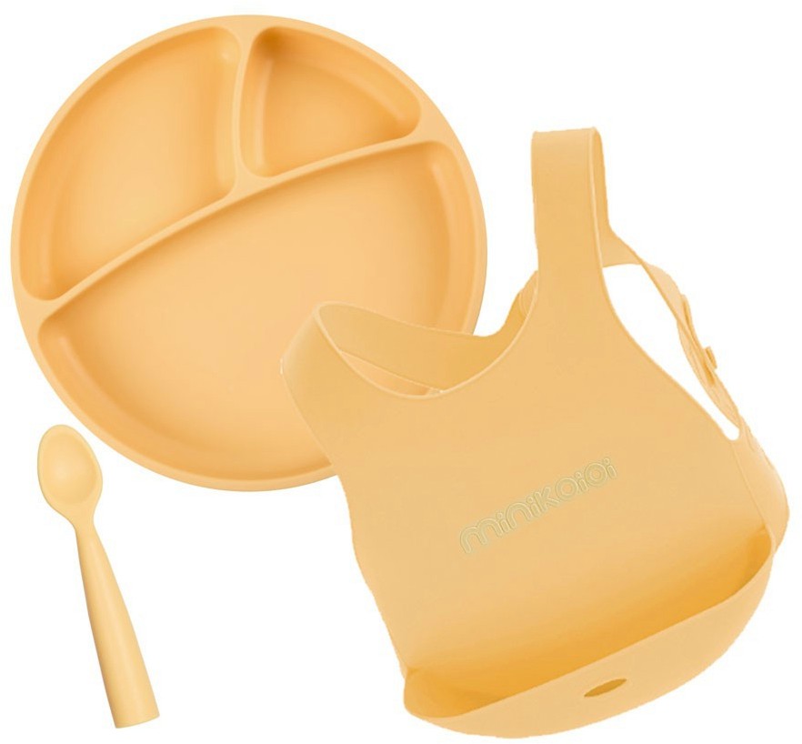 Детски силиконов комплект за хранене Minikoioi Feeding Set - Чиния, лигавник и лъжичка, 6+ м - продукт