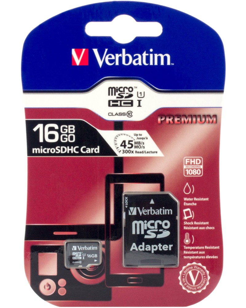Micro SDHC карта памет 16 GB Verbatim Premium U1 - Class 10 със SD адаптер - 