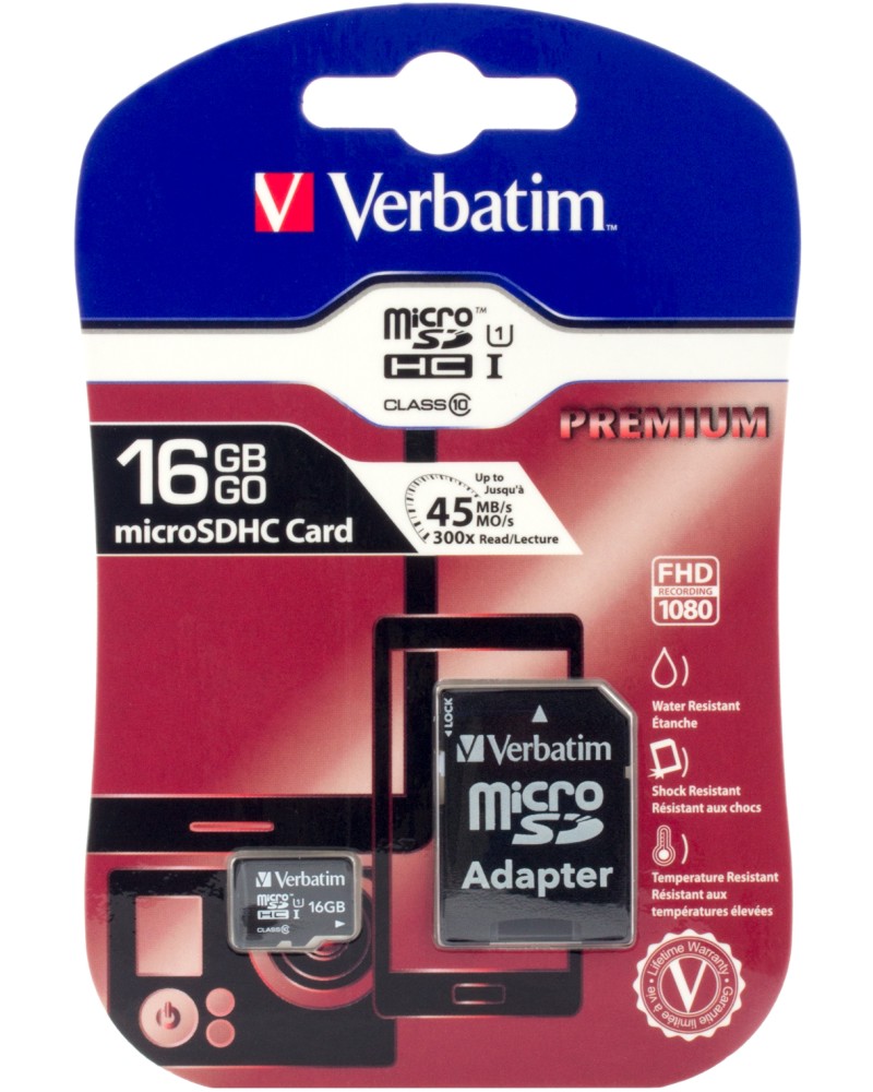Micro SDHC карта памет 16 GB Verbatim Premium U1 Micro SDHC карта памет 16 GB Verbatim Premium U1 - Class 10 със SD адаптер -